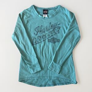 Harley-Davidson Womens S Long Sleeve Shirt Teal Blue Carrier Sherbrooke QC Biker